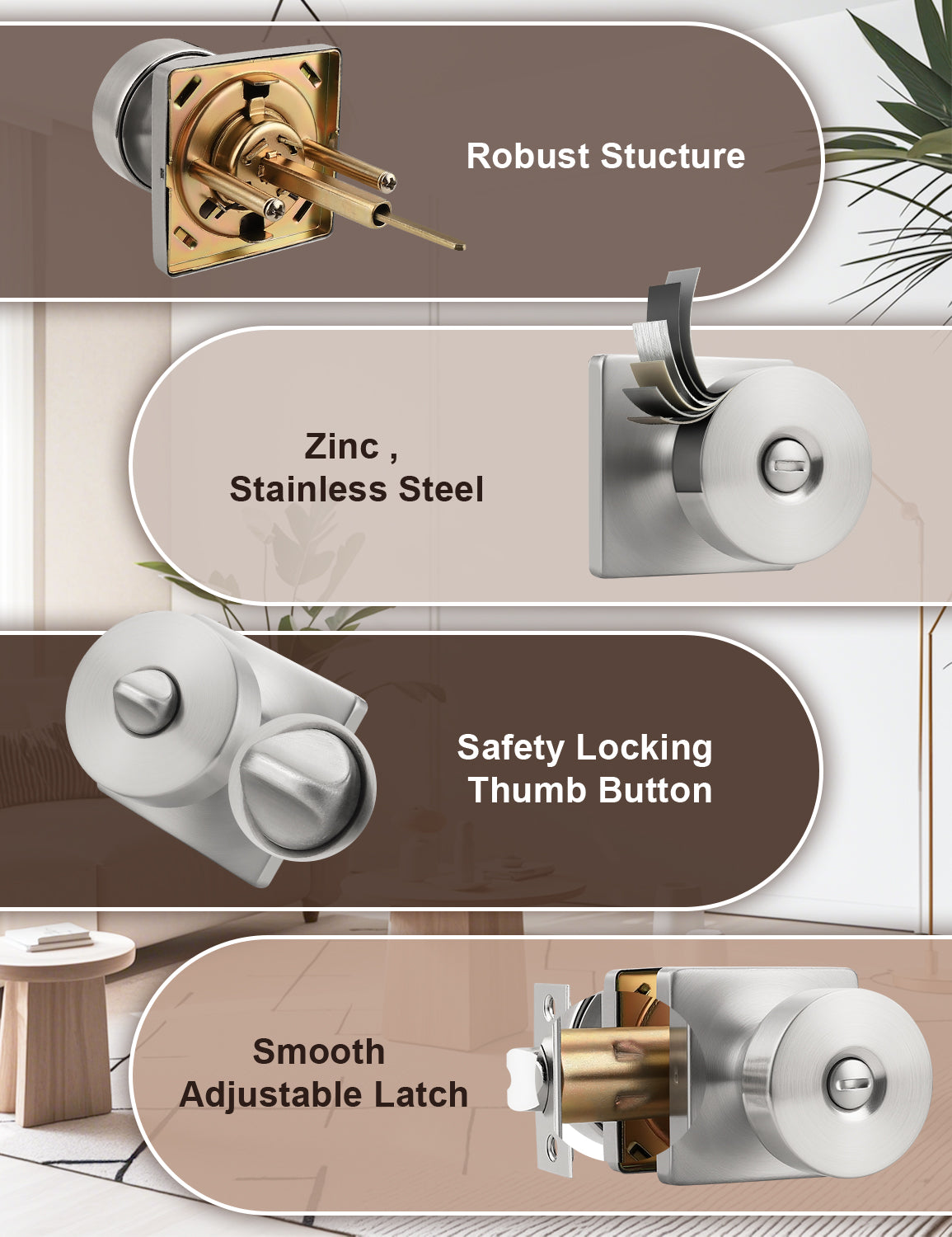 Tinewa Interior Privacy Door Knob with Lock, Keyless Door Handle for Bathroom and Bedroom, Zinc Alloy Heavy Duty Door Knobs on Square Rose (1-10 pack)