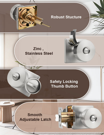 Tinewa Interior Privacy Door Knob with Lock, Keyless Door Handle for Bathroom and Bedroom, Zinc Alloy Heavy Duty Door Knobs on Square Rose (1-10 pack)