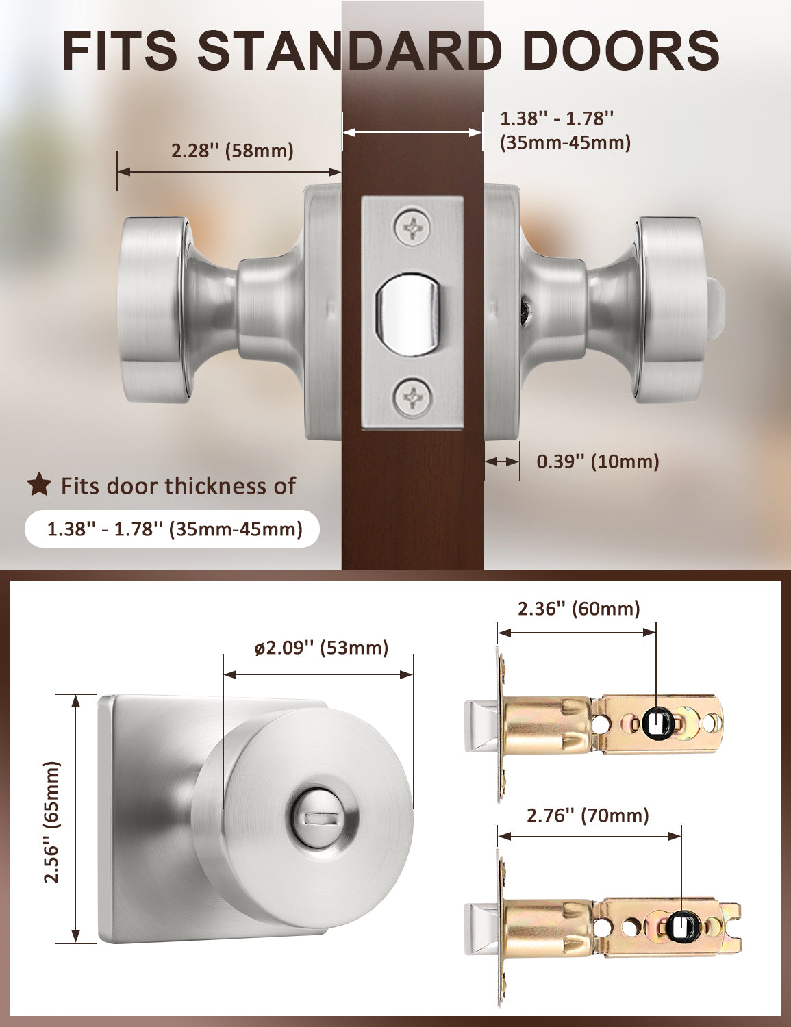 Tinewa Interior Privacy Door Knob with Lock, Keyless Door Handle for Bathroom and Bedroom, Zinc Alloy Heavy Duty Door Knobs on Square Rose (1-10 pack)