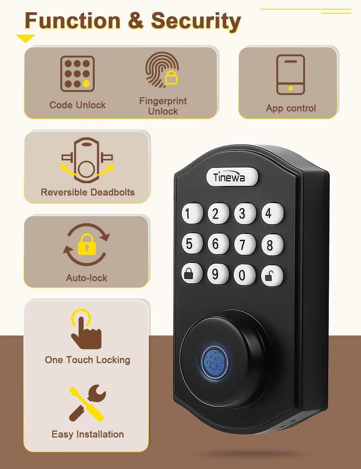4-in-1 smart lock with fingerprint, keypad, app, and key access for front doors