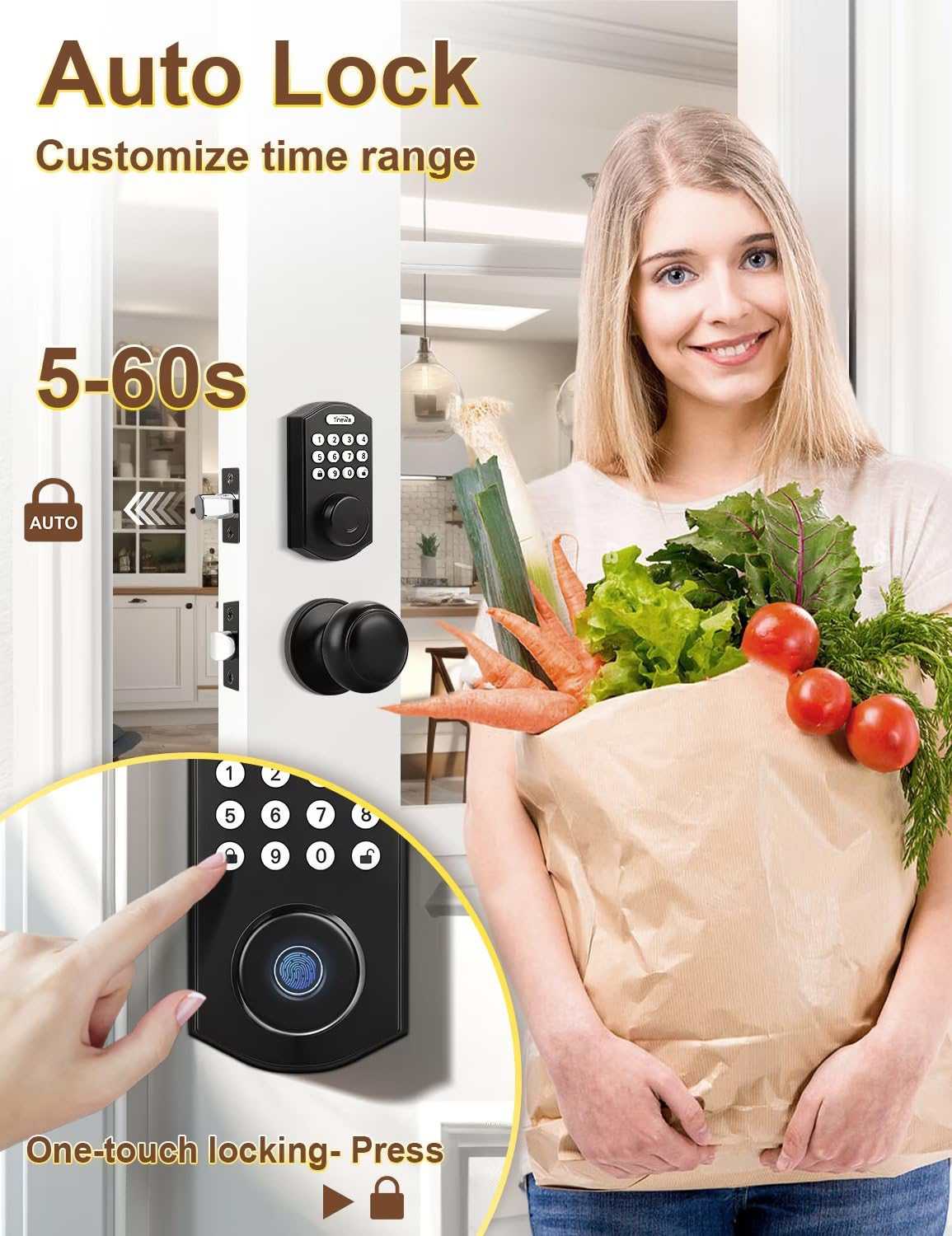 Keyless entry door lock with fingerprint scanner and auto-lock function