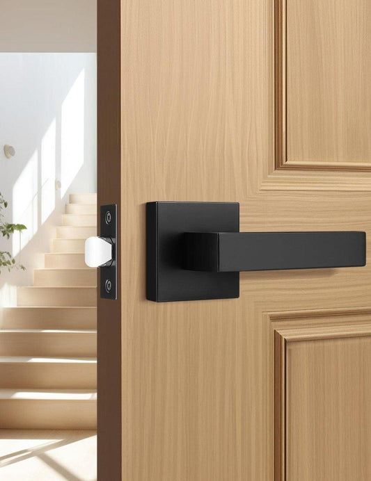 Matte black square lever handle for interior passage doors with modern design