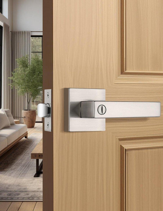 Satin nickel square privacy door lever with modern design for bedroom or bathroom