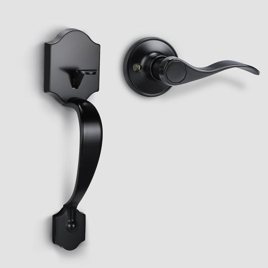 Tinewa front door handle set with single cylinder deadbolt in matte black finish