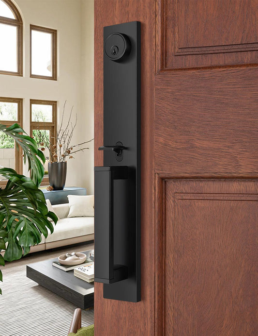 Tinewa Full Escutcheon HandleSet Front Door Entry Handle and Deadbolt Lock Set Slim Square Single Cylinder Deadbolt and Lever Heavy Duty ¨C Matte Black Finish - Tinewa